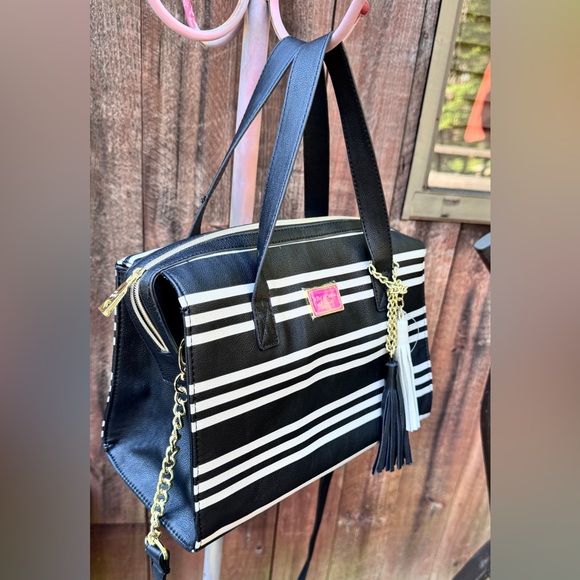 Betsey Johnson Be Mine Stripe Black White Satchel - Picture 2 of 12